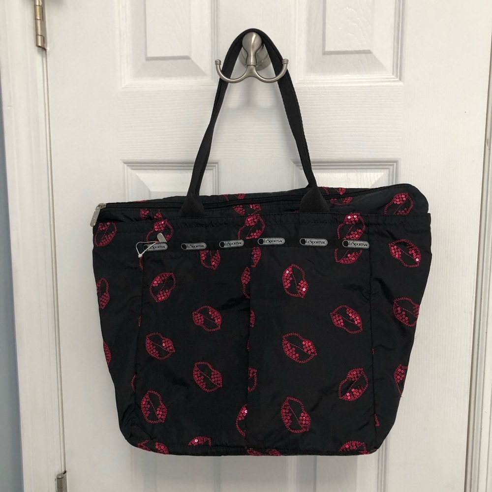LeSportsac Sequin Lips Tote & Pouch Black Red Pink Zipper Nylon Hot - Picture 2 of 16